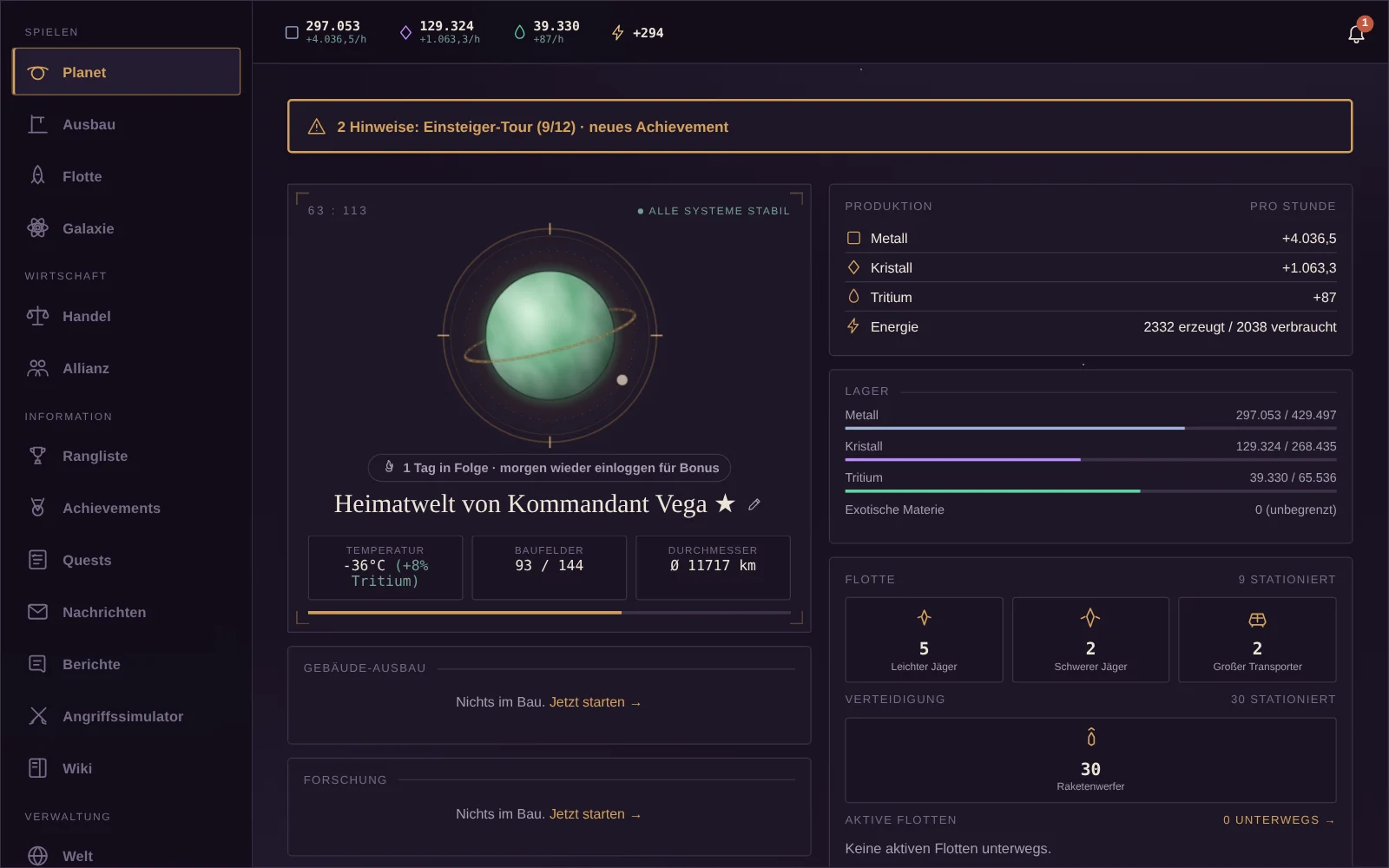 Astrellum-Dashboard: Heimatplanet mit Ressourcenproduktion, Lager und stationierter Flotte