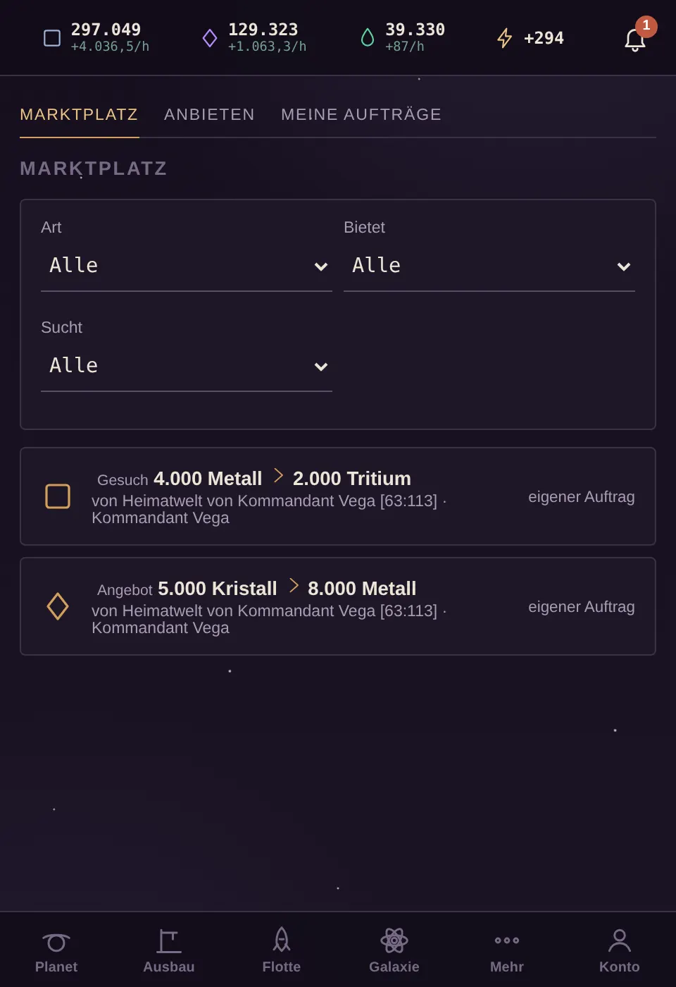 Marktplatz mit Handelsangeboten anderer Spieler