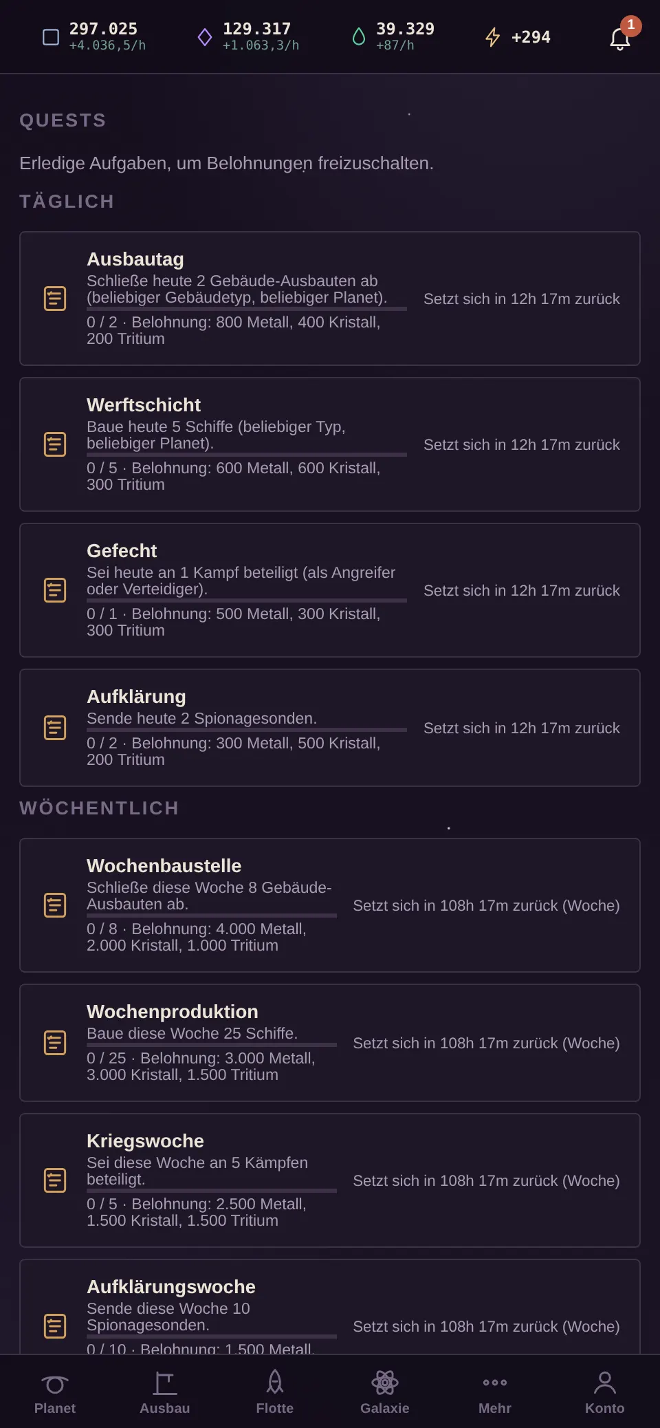Quest-Übersicht mit täglichen und wöchentlichen Zielen samt Fortschritt und Belohnung